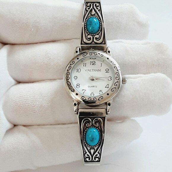 Waltham Silver Tone Turquoise Stretch Band Western Style Ladies Watch Working - Picture 1 of 7